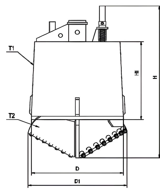Drilling bucket with cone bottom — dimension drawing