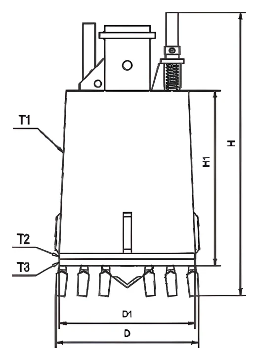 Double-cut drilling bucket, flat teeth — dimension drawing