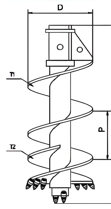 Double-cut rock auger, straight flight — dimension drawing