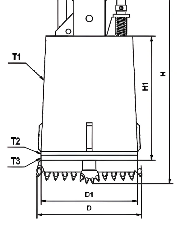 Double-cut rock drilling bucket — dimension drawing
