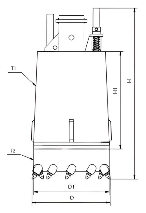 Ring-cutting single-cut rock drilling bucket — dimension drawing