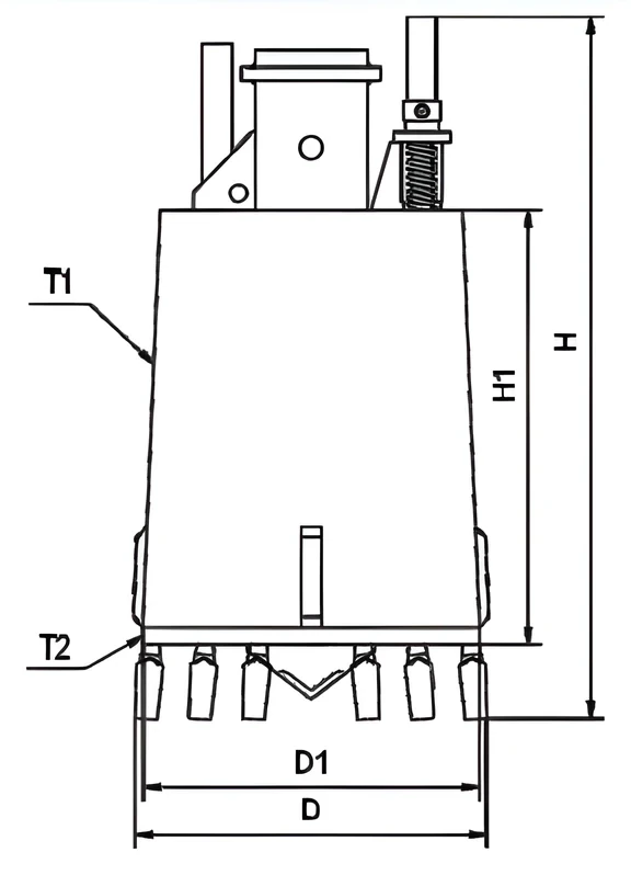 Single-bottom drilling bucket, flat teeth — dimension drawing