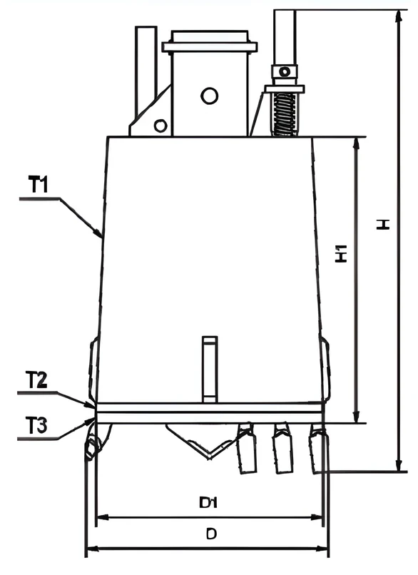 Single-cut drilling bucket, flat teeth — dimension drawing